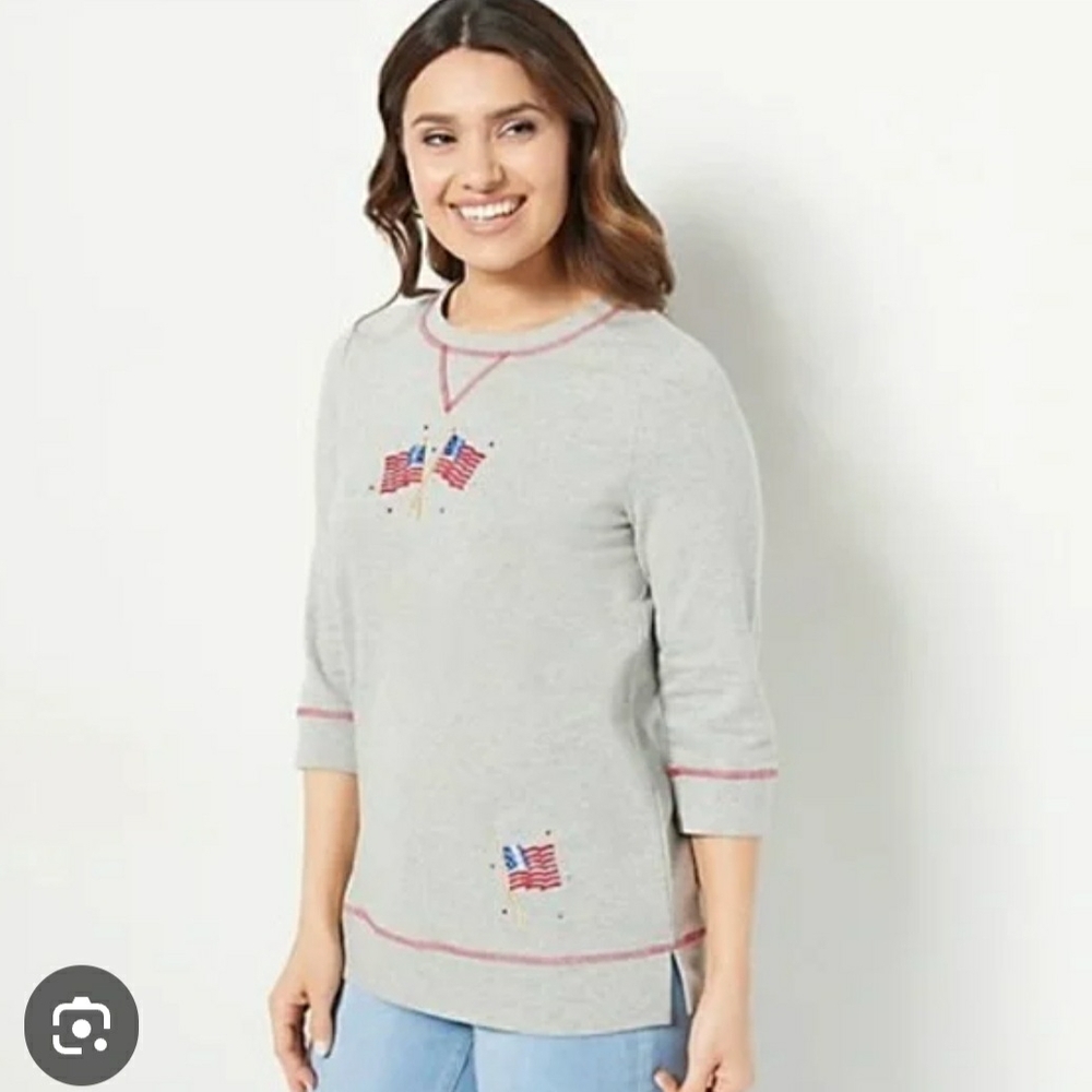Quacker Factory - Embroidered Terry Sweatshirt - Heather Gray Flag Size 1X